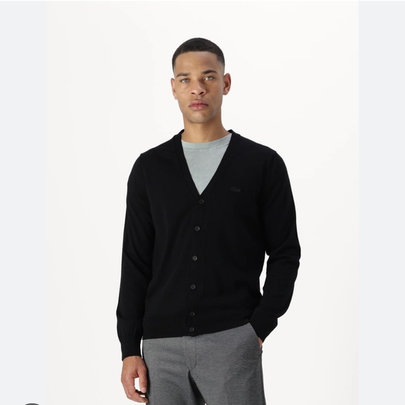 Lacoste Men's black on black 10% cotton woven Cardigan Sweater XL